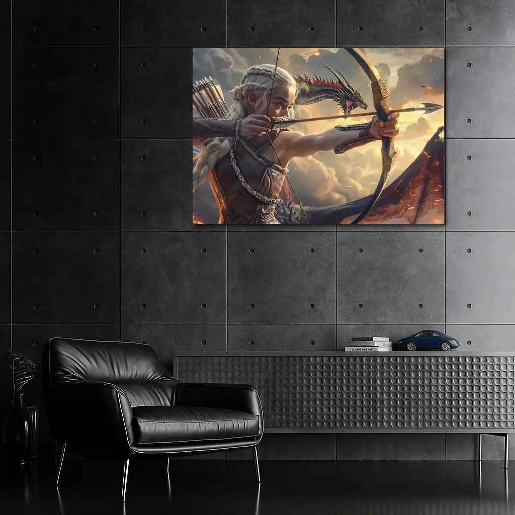 Fantasy Warrior Woman Archer Dragon Sky – Wall Art