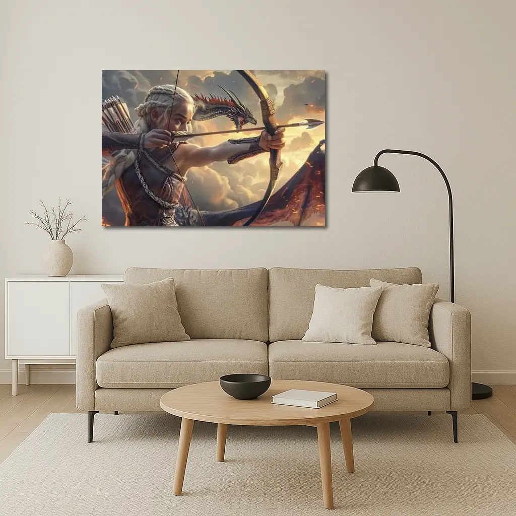 Fantasy Warrior Woman Archer Dragon Sky – Wall Art