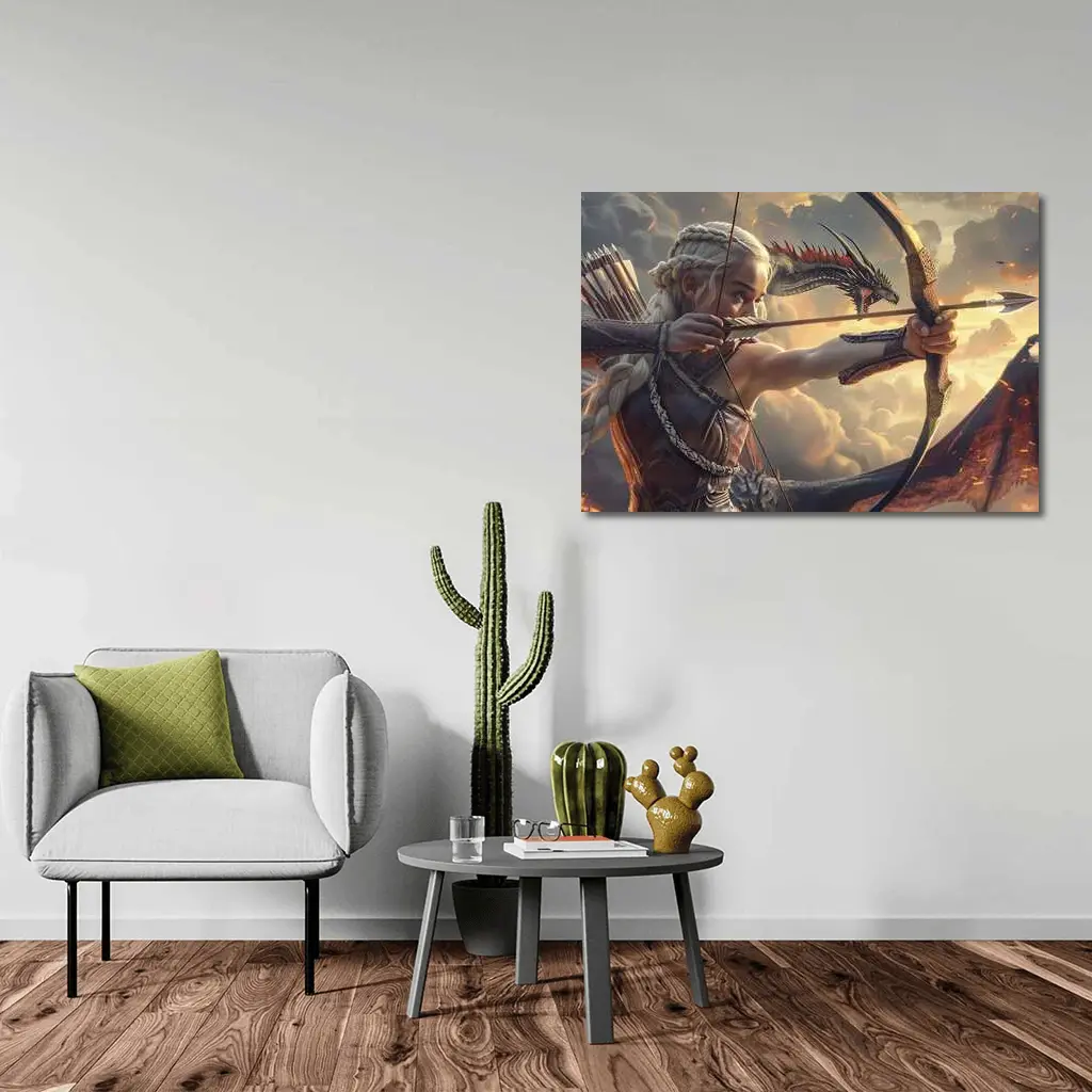Fantasy Warrior Woman Archer Dragon Sky – Wall Art
