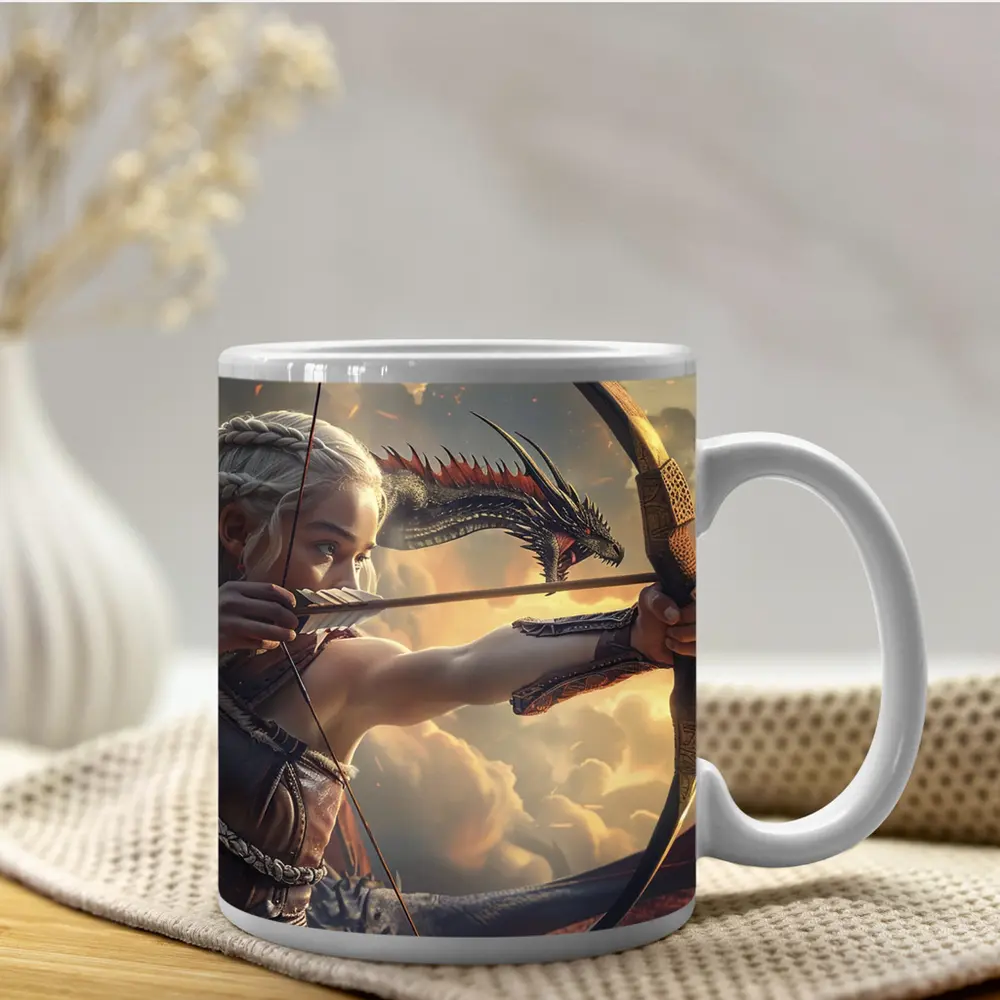 Fantasy Warrior Woman Archer Dragon Sky – Mugs