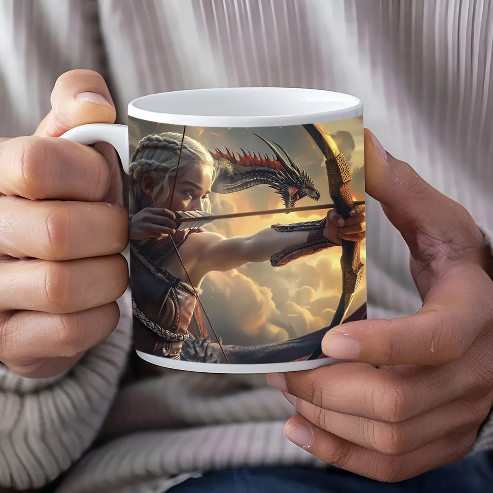 Fantasy Warrior Woman Archer Dragon Sky – Mugs