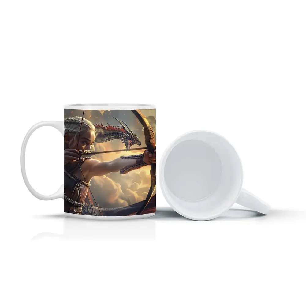 Fantasy Warrior Woman Archer Dragon Sky – Mugs