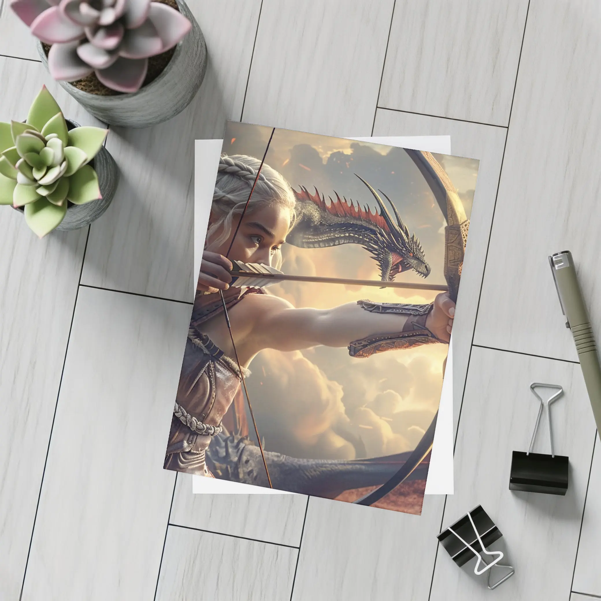 Fantasy Warrior Woman Archer Dragon Sky – Postcards