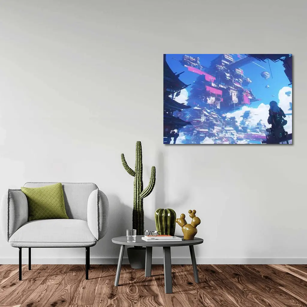 Cyberpunk Floating City Sky Anime Art – Wall Art