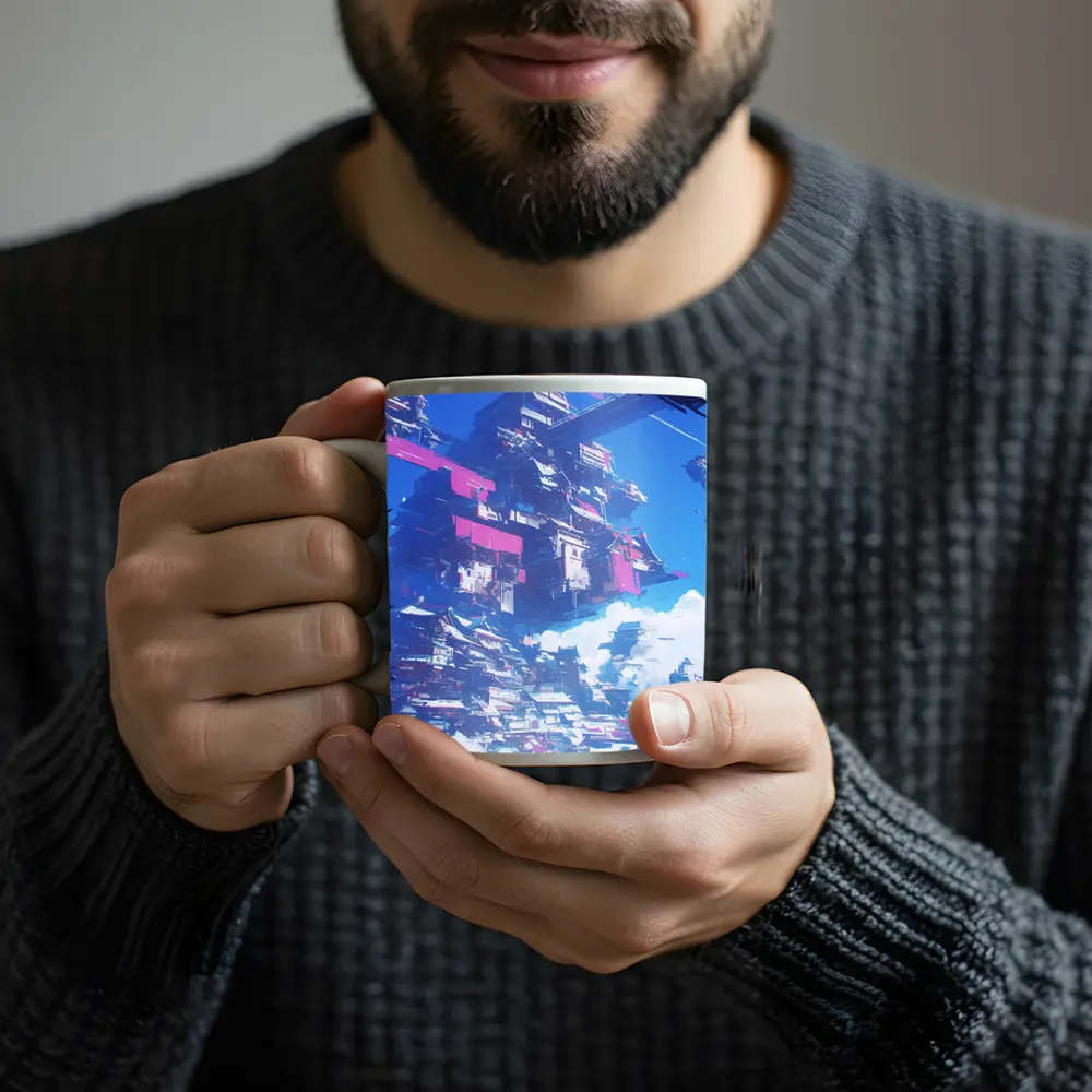 Cyberpunk Floating City Sky Anime Art – Mugs