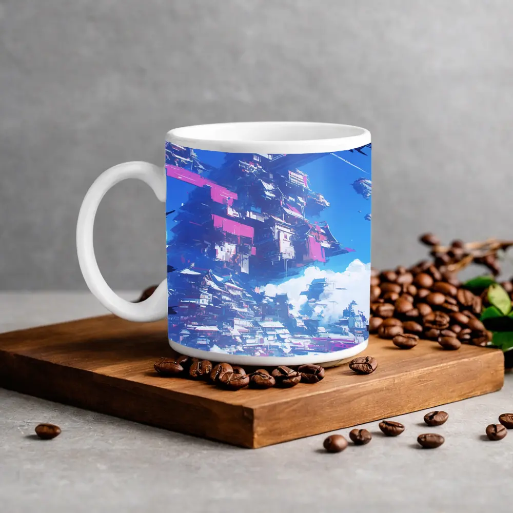 Cyberpunk Floating City Sky Anime Art – Mugs