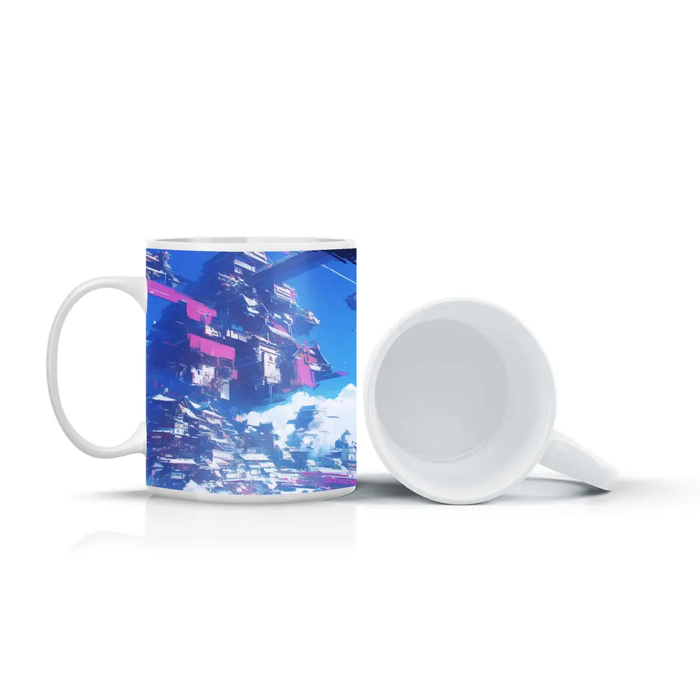 Cyberpunk Floating City Sky Anime Art – Mugs