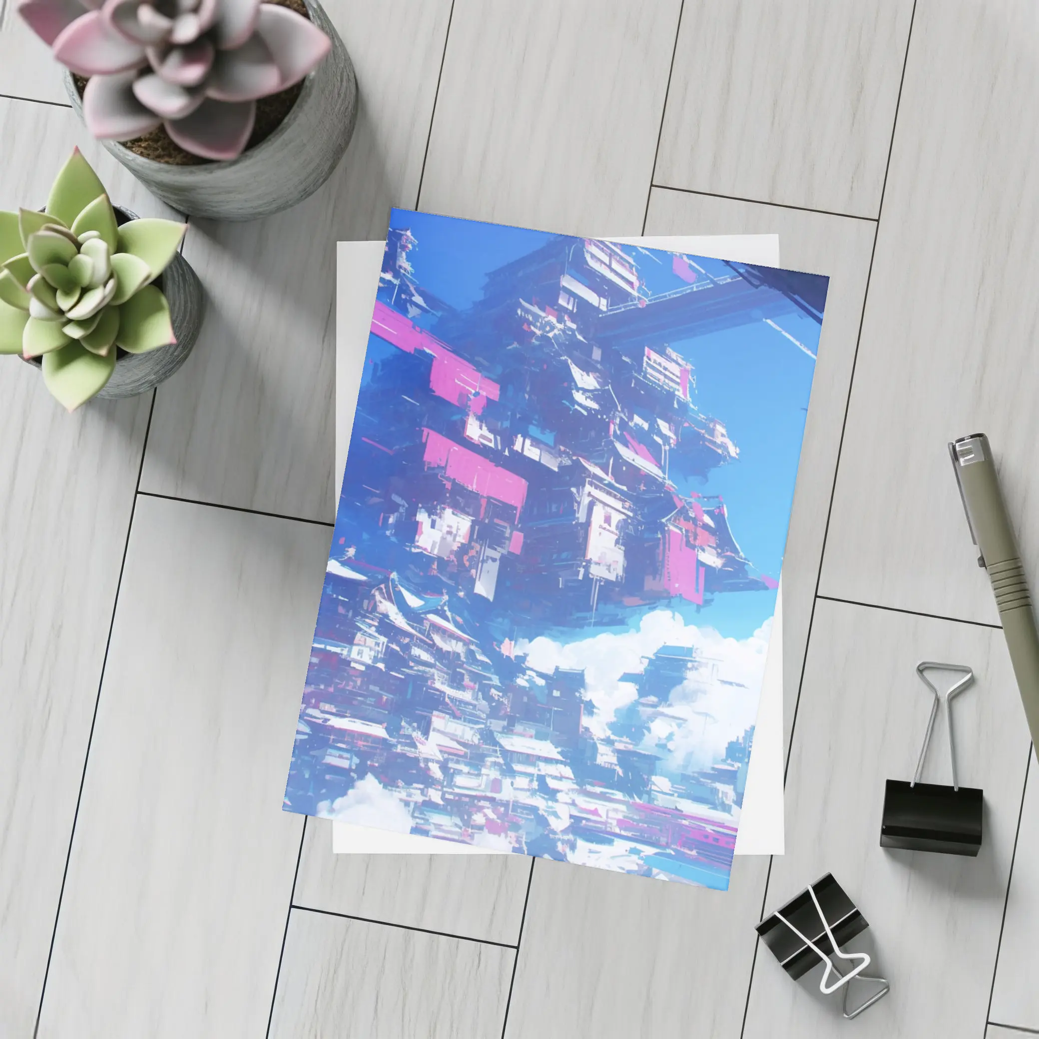 Cyberpunk Floating City Sky Anime Art – Postcards