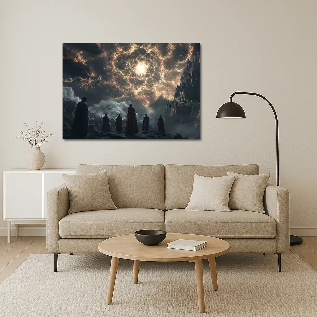 Cloaked Figures Before Glowing Cosmic Portal – Wall Art