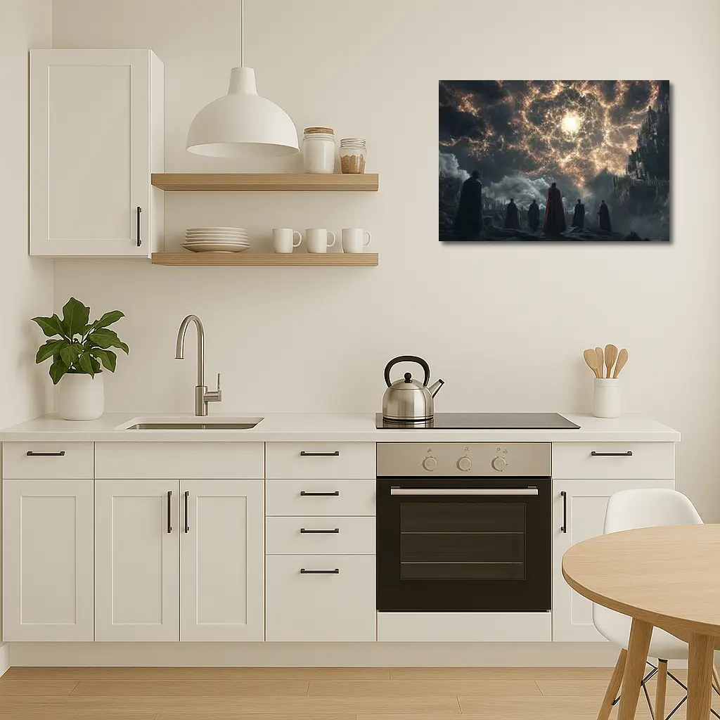 Cloaked Figures Before Glowing Cosmic Portal – Wall Art