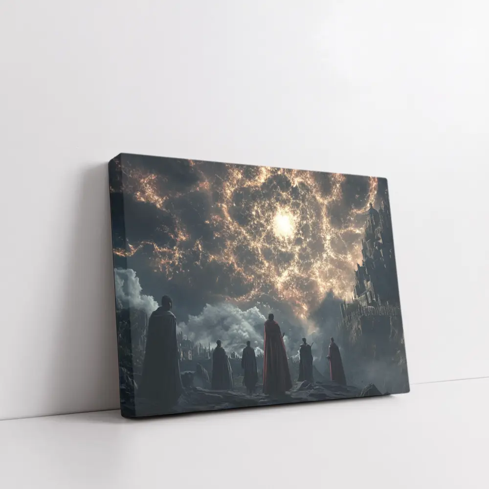 Cloaked Figures Before Glowing Cosmic Portal – Wall Art