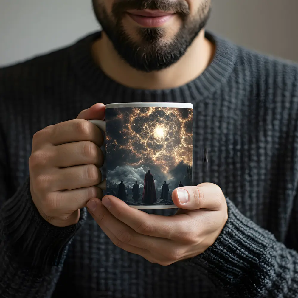 Cloaked Figures Before Glowing Cosmic Portal – Mugs