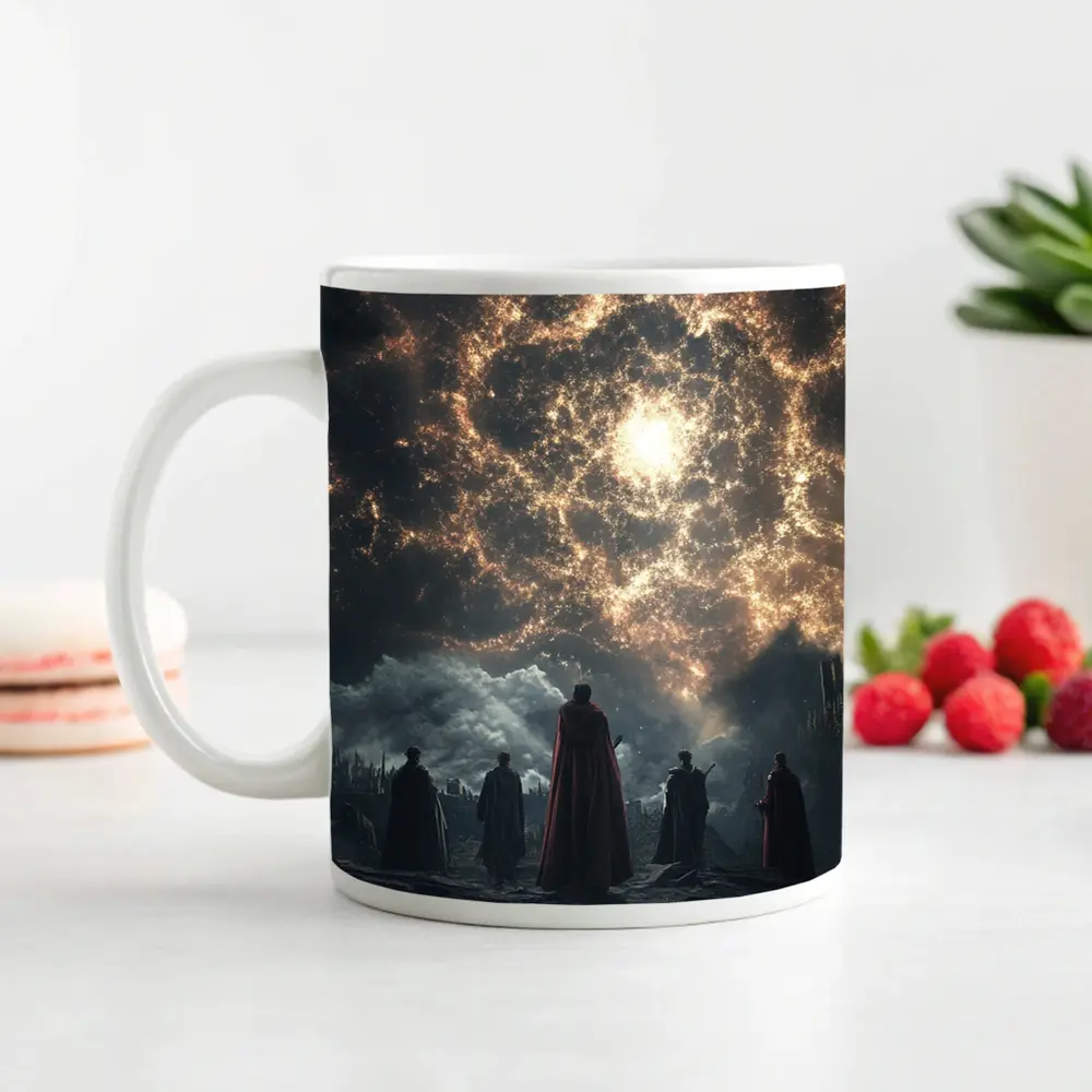 Cloaked Figures Before Glowing Cosmic Portal – Mugs