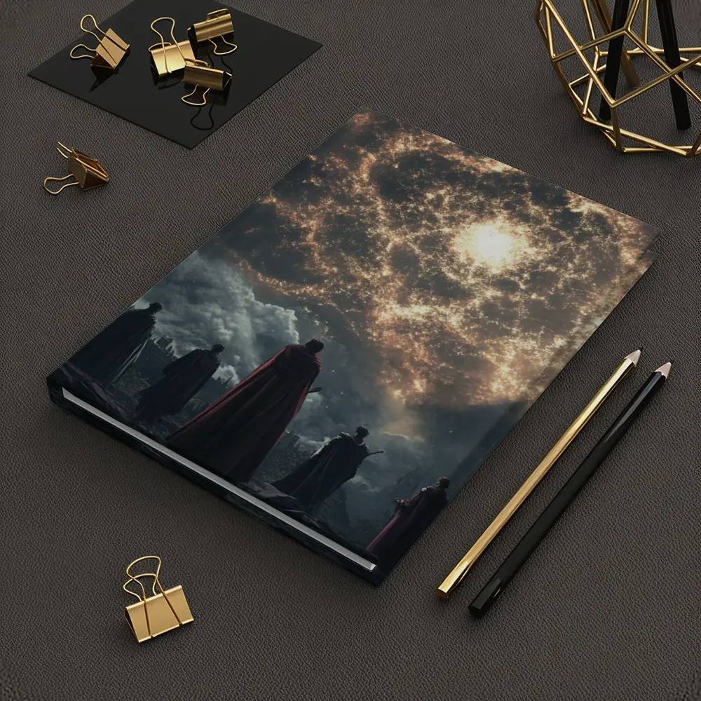 Cloaked Figures Before Glowing Cosmic Portal – Notebooks