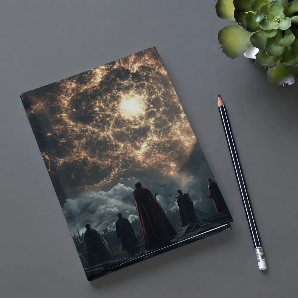 Cloaked Figures Before Glowing Cosmic Portal – Notebooks