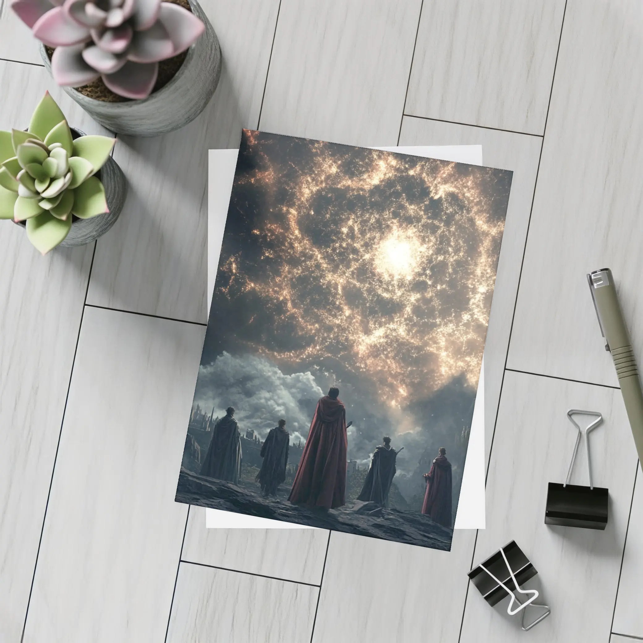 Cloaked Figures Before Glowing Cosmic Portal – Postcards