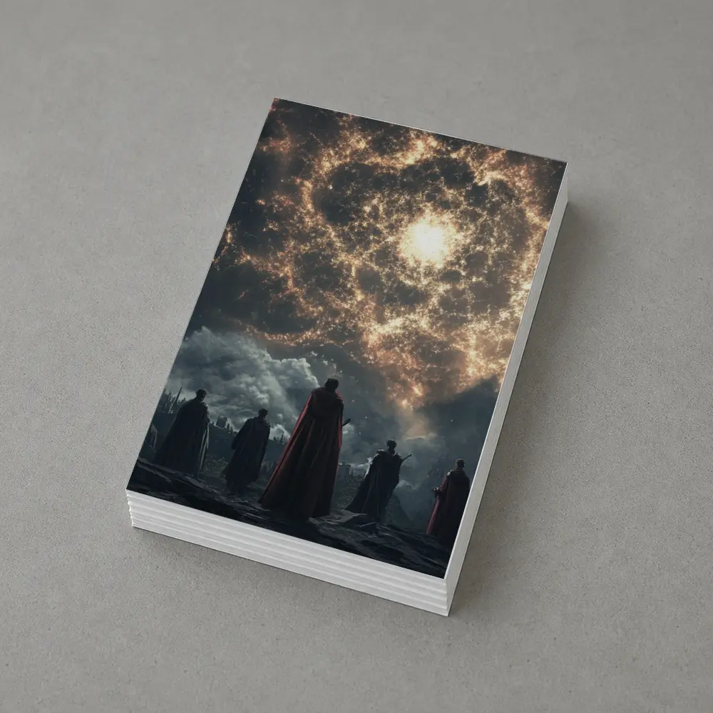 Cloaked Figures Before Glowing Cosmic Portal – Postcards