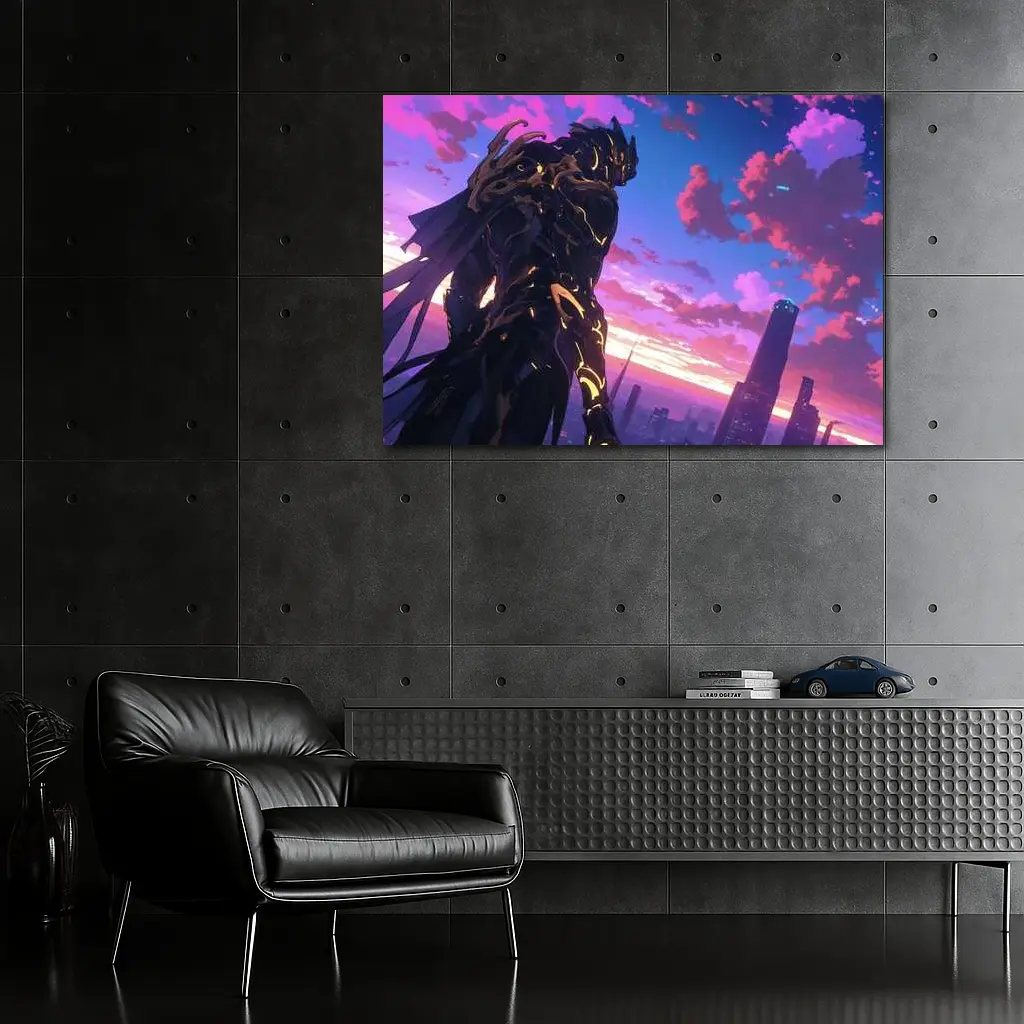 Anime Mech Warrior Over Futuristic City Sunset – Wall Art