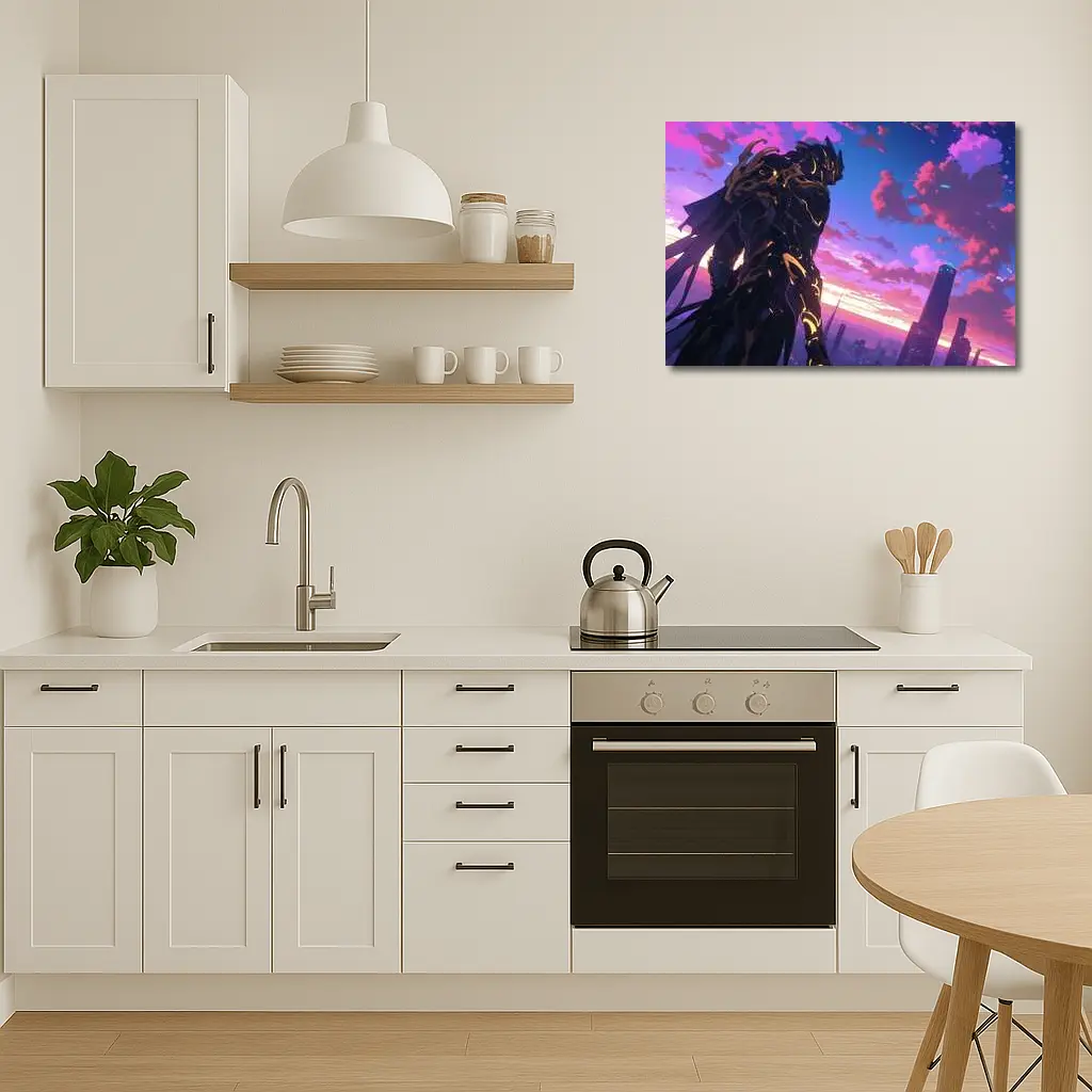 Anime Mech Warrior Over Futuristic City Sunset – Wall Art