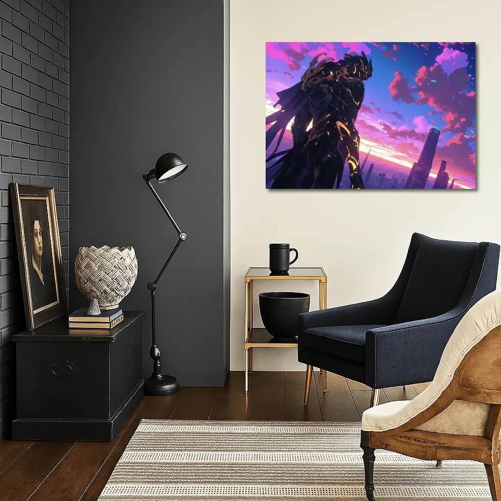 Anime Mech Warrior Over Futuristic City Sunset – Wall Art