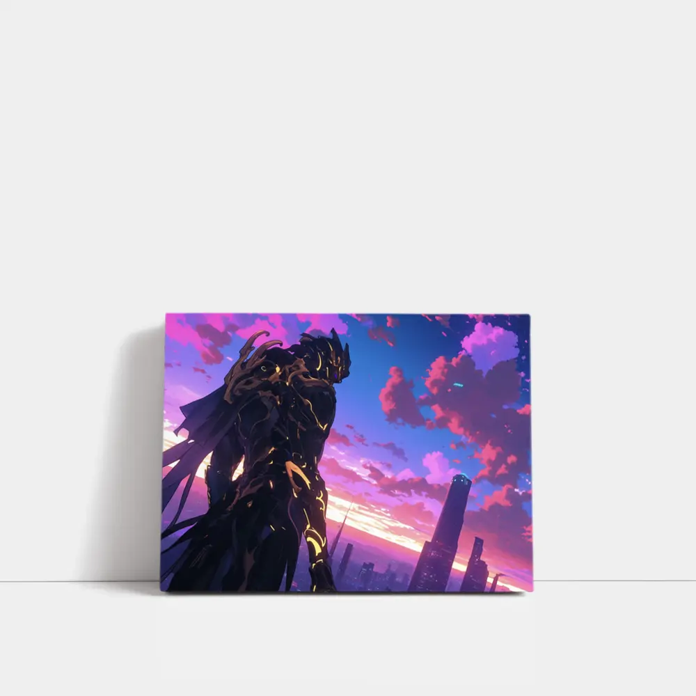 Anime Mech Warrior Over Futuristic City Sunset – Wall Art