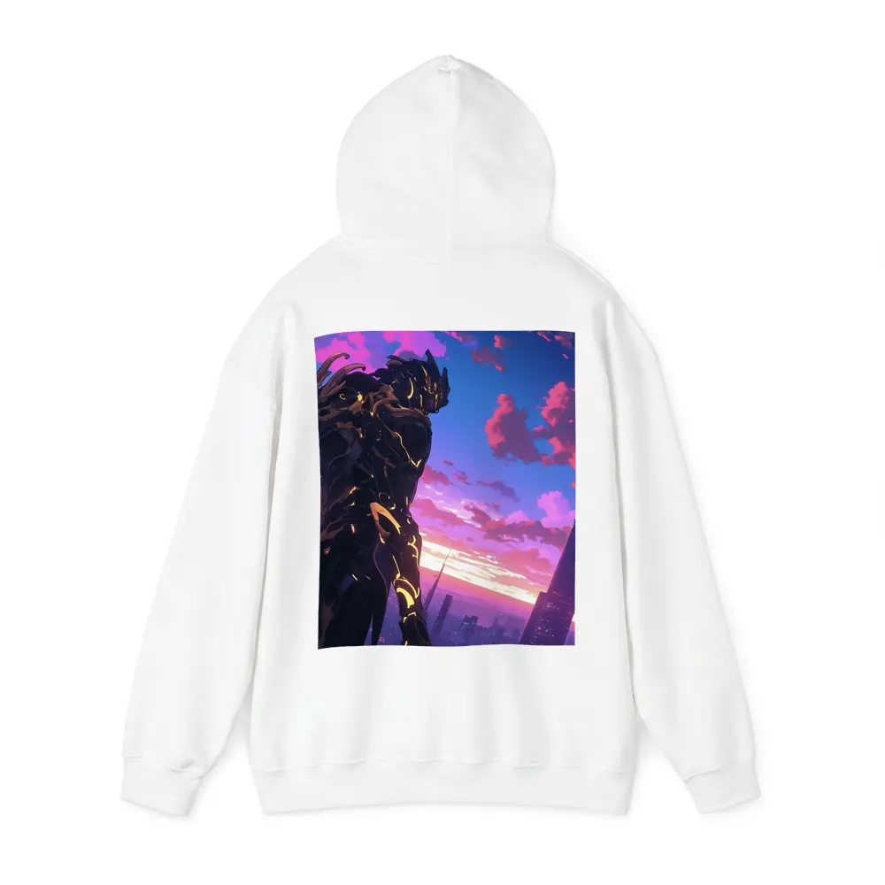 Anime Mech Warrior Over Futuristic City Sunset – Hoodies