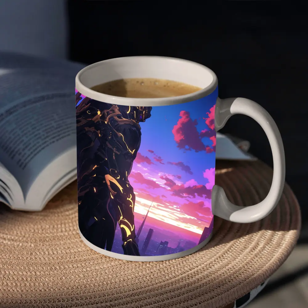 Anime Mech Warrior Over Futuristic City Sunset – Mugs
