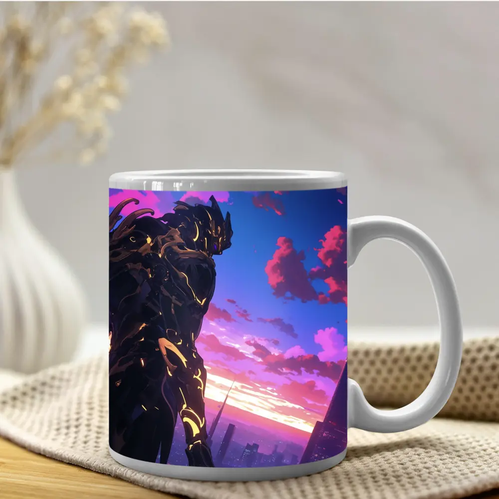 Anime Mech Warrior Over Futuristic City Sunset – Mugs