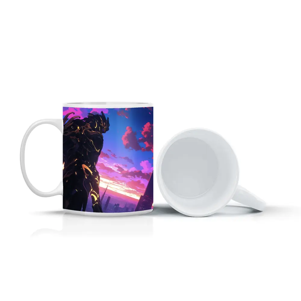 Anime Mech Warrior Over Futuristic City Sunset – Mugs