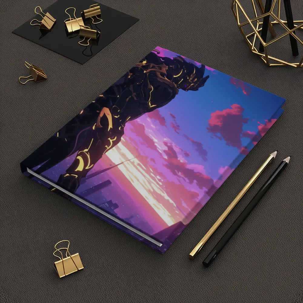 Anime Mech Warrior Over Futuristic City Sunset – Notebooks