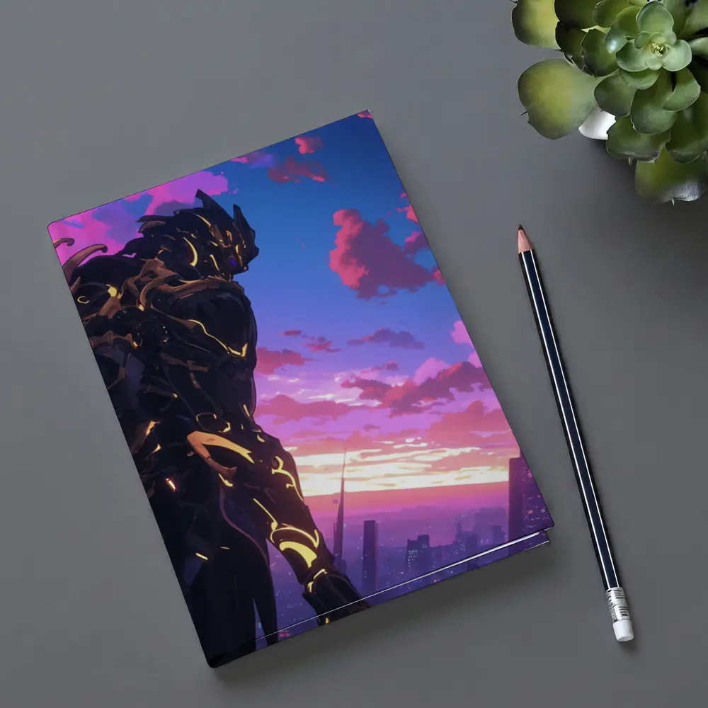 Anime Mech Warrior Over Futuristic City Sunset – Notebooks