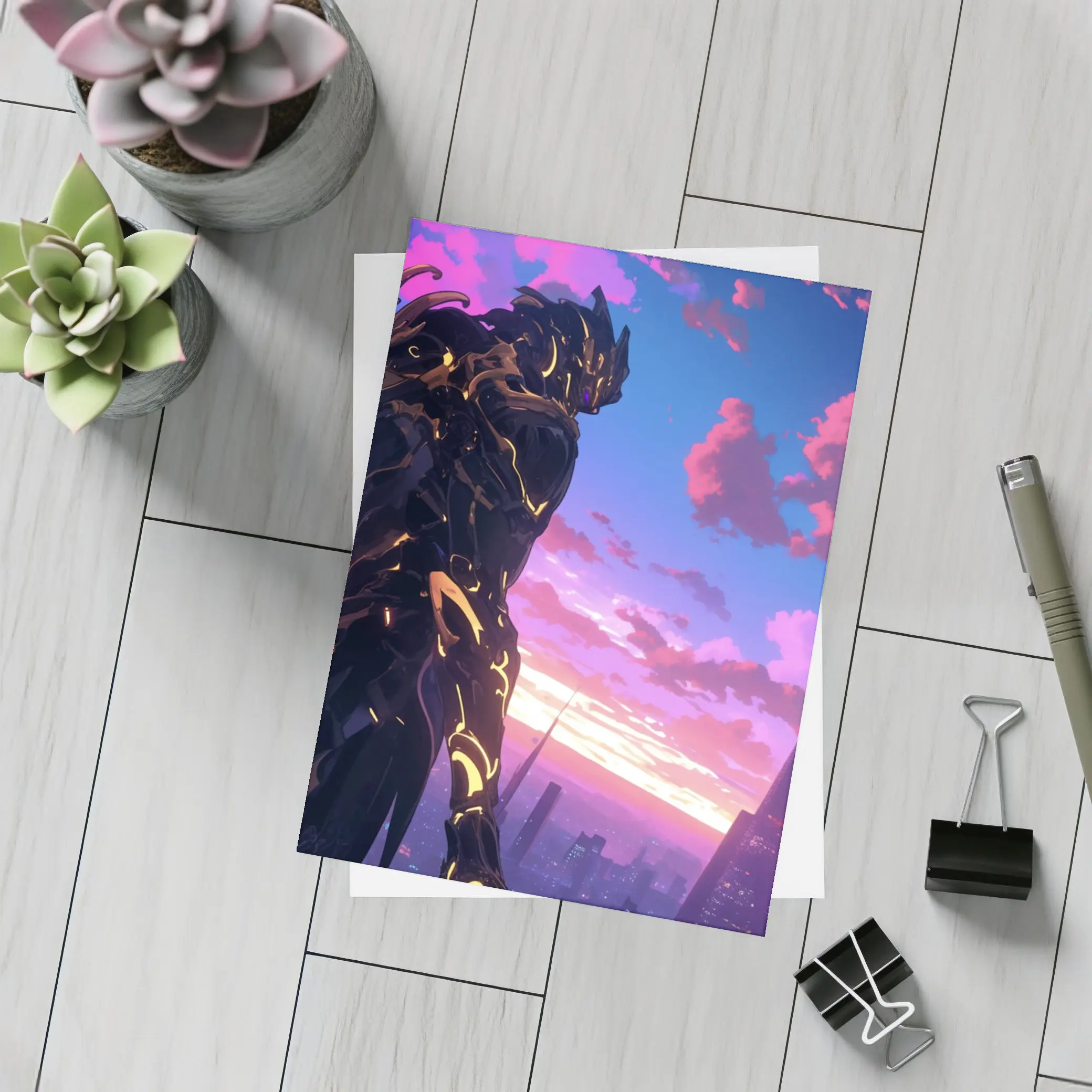 Anime Mech Warrior Over Futuristic City Sunset – Postcards