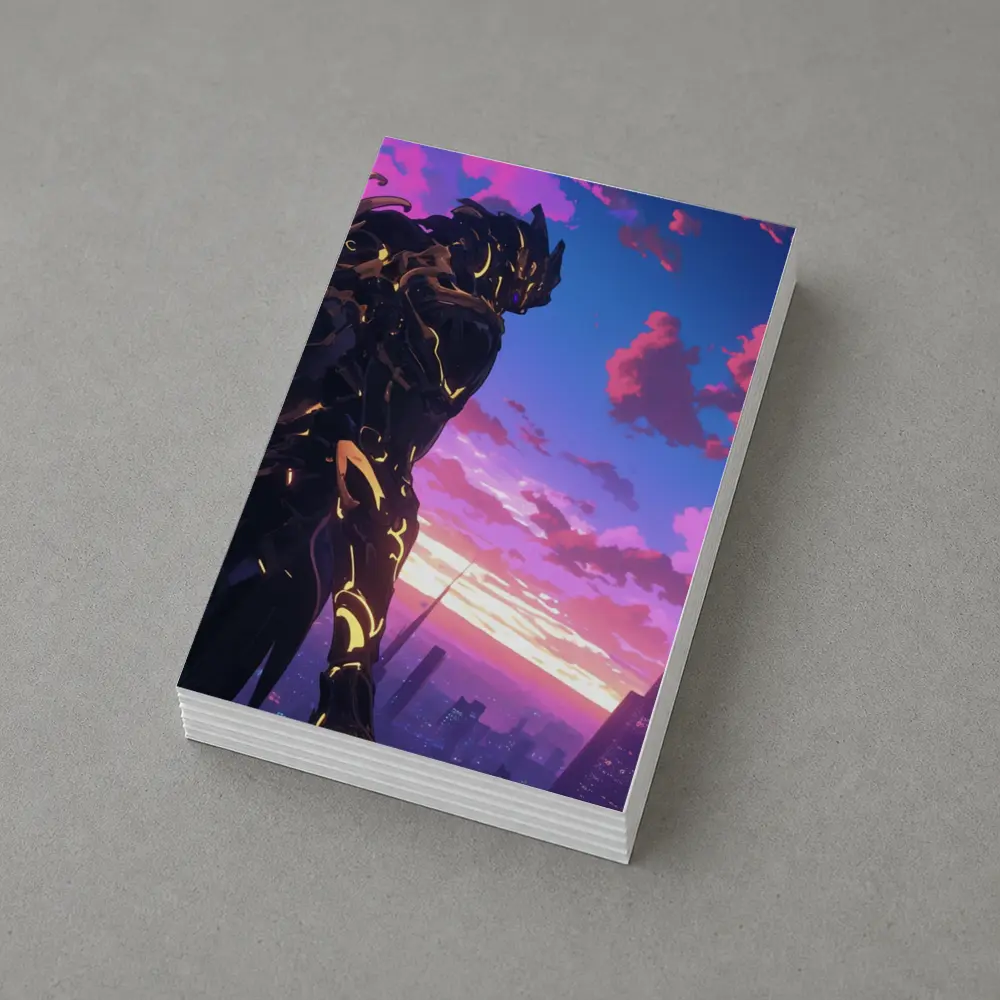 Anime Mech Warrior Over Futuristic City Sunset – Postcards