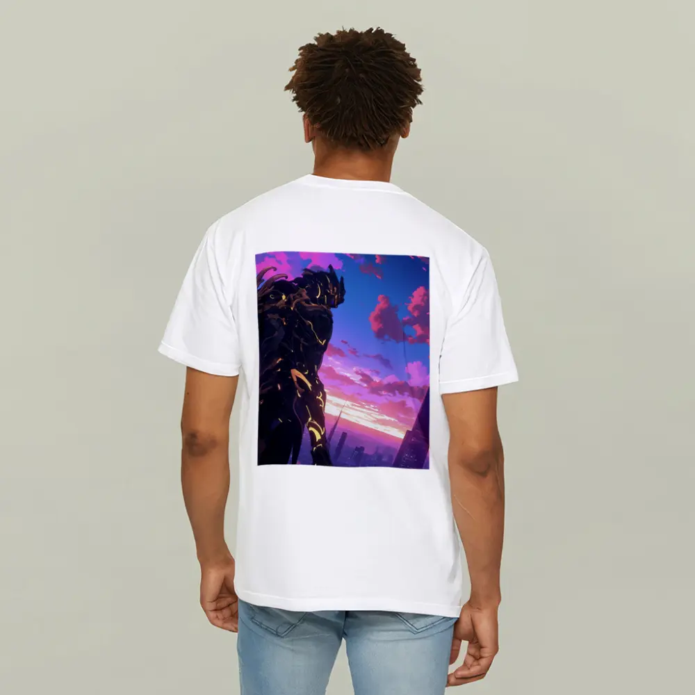 Anime Mech Warrior Over Futuristic City Sunset – T-Shirts