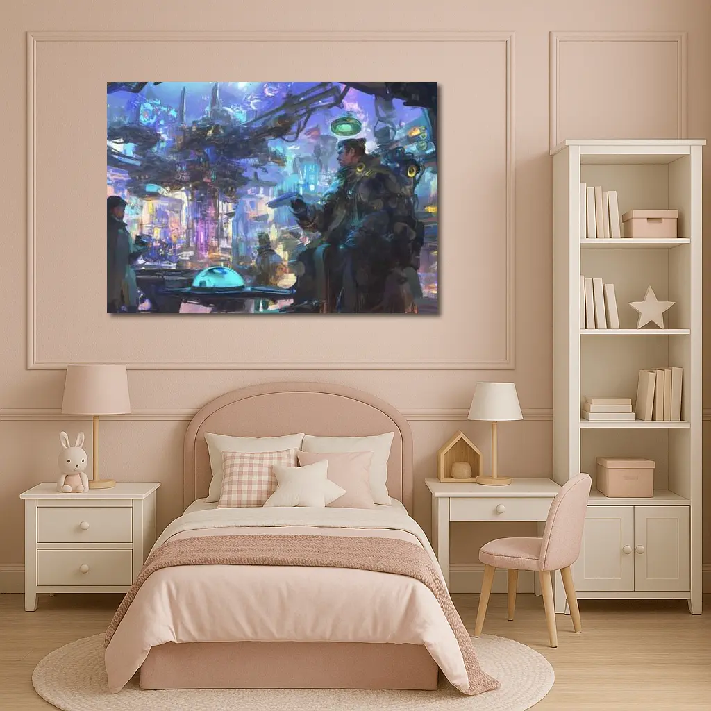 Cyberpunk City Street Market Digital Art – Wall Art