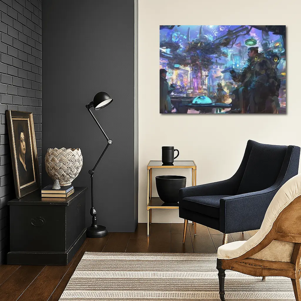 Cyberpunk City Street Market Digital Art – Wall Art