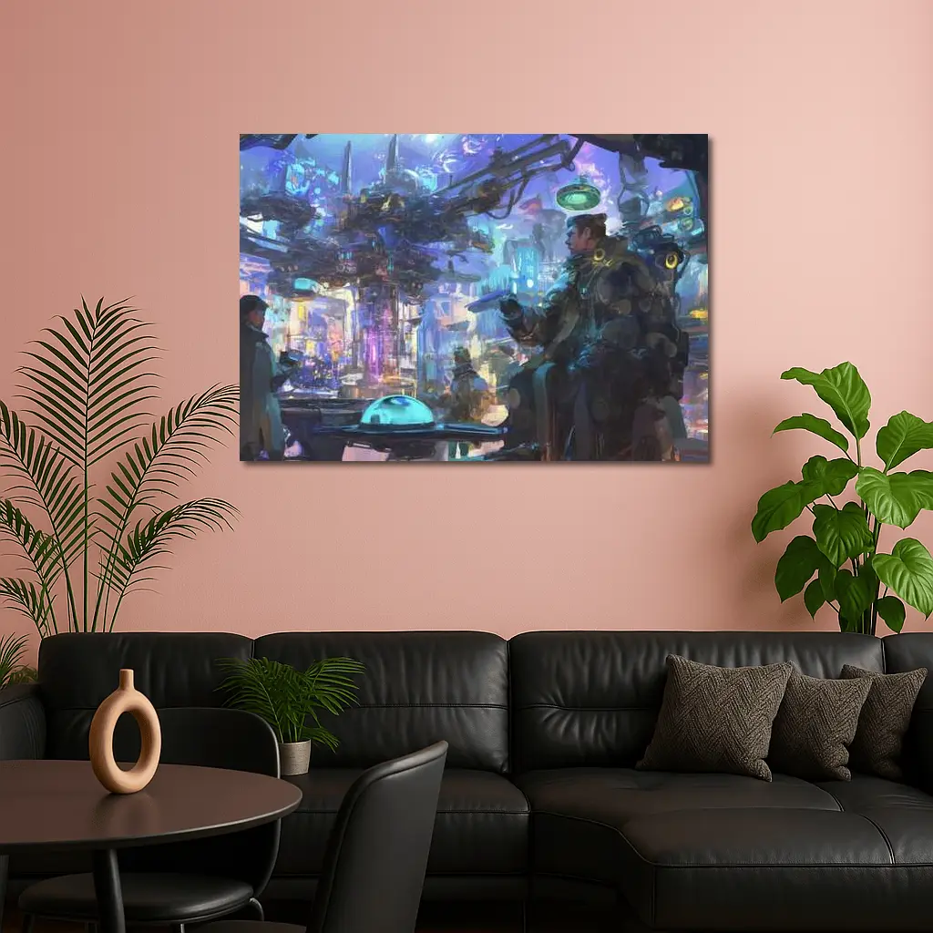 Cyberpunk City Street Market Digital Art – Wall Art