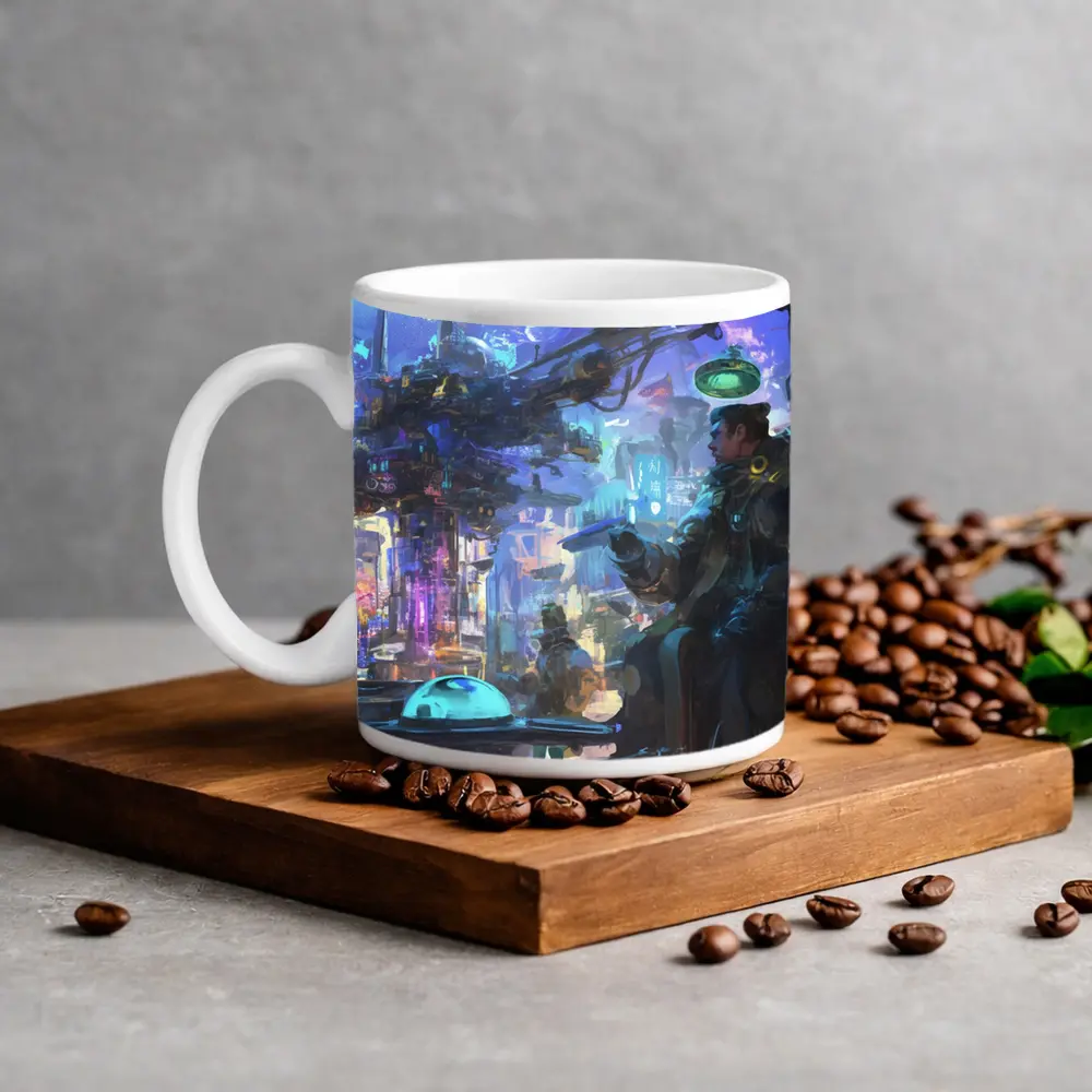 Cyberpunk City Street Market Digital Art – Mugs