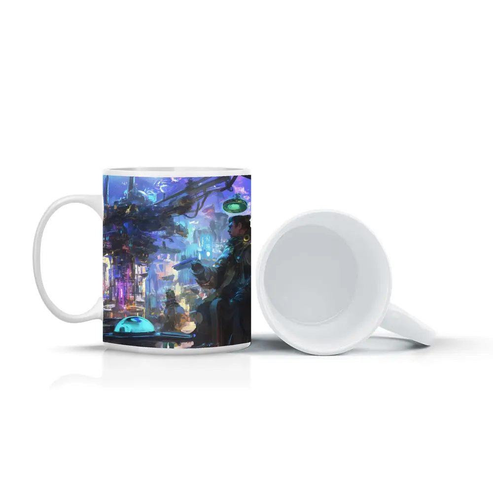 Cyberpunk City Street Market Digital Art – Mugs