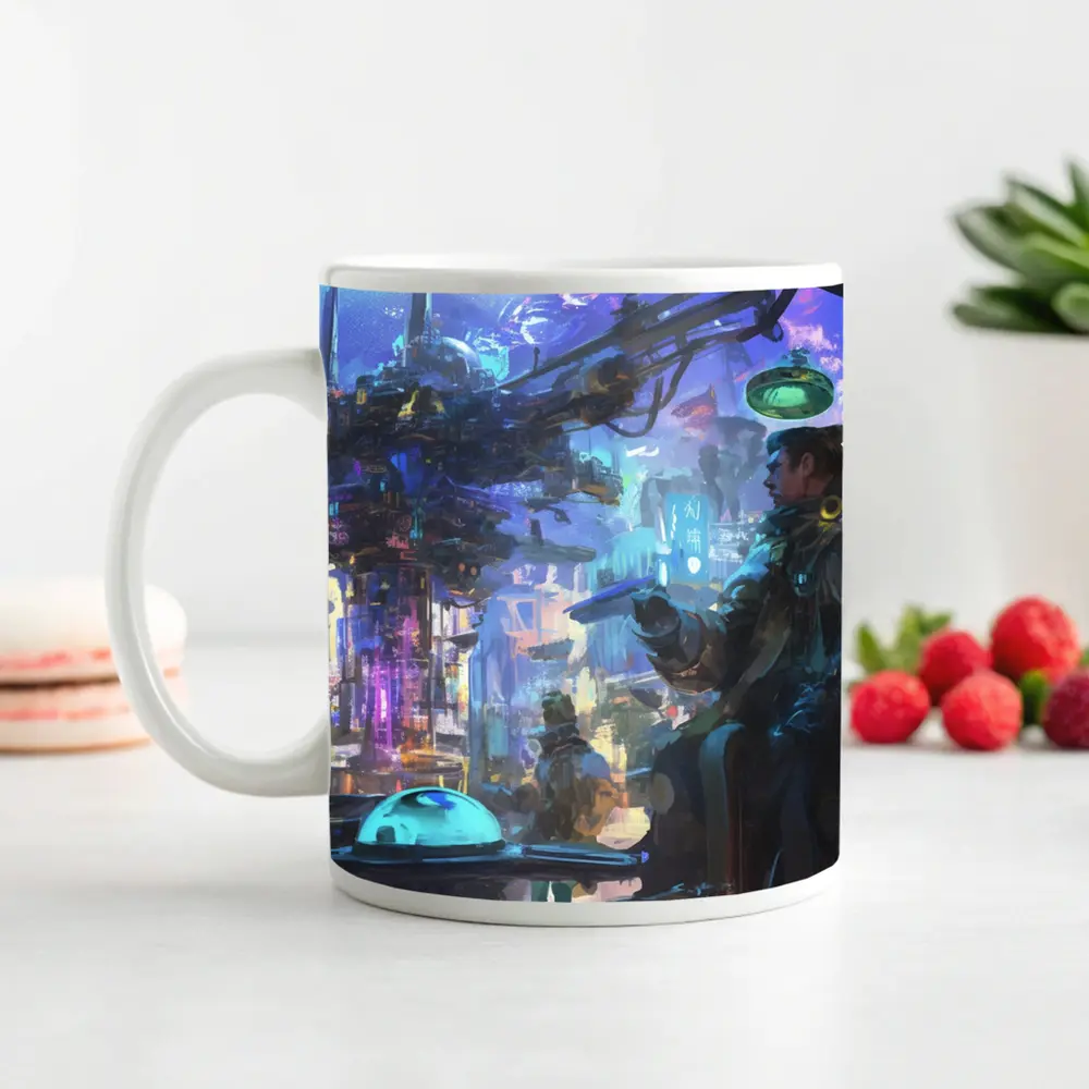 Cyberpunk City Street Market Digital Art – Mugs