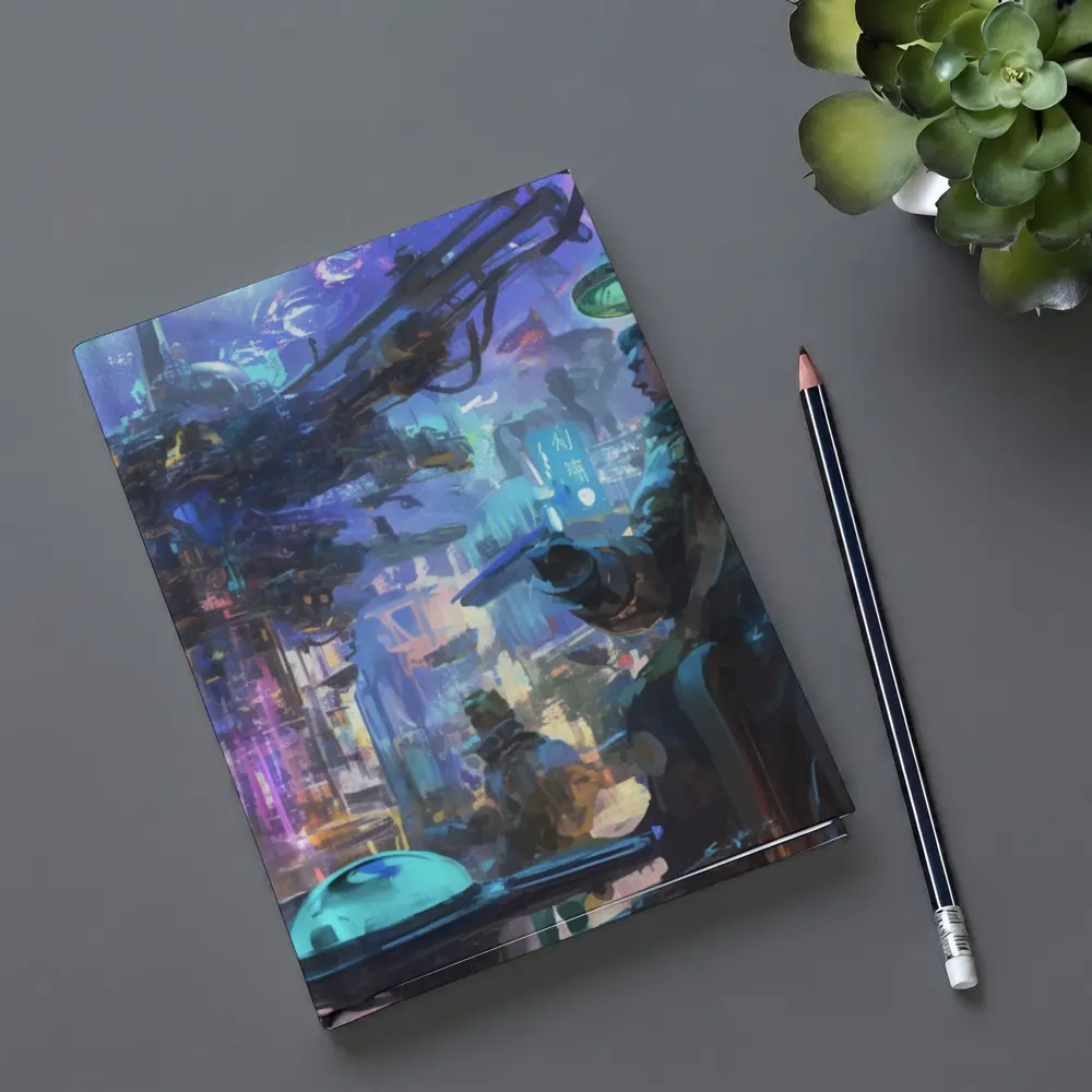 Cyberpunk City Street Market Digital Art – Notebooks