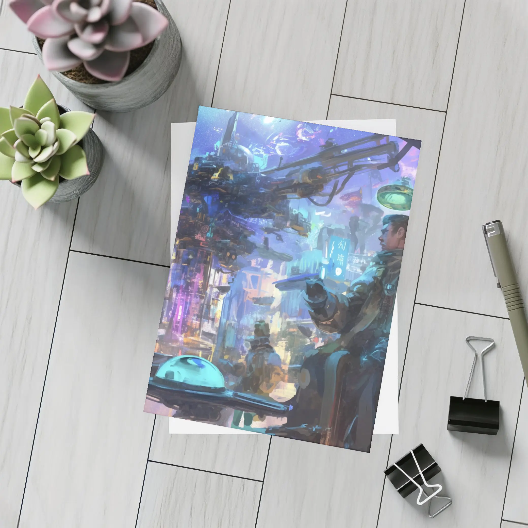 Cyberpunk City Street Market Digital Art – Postcards