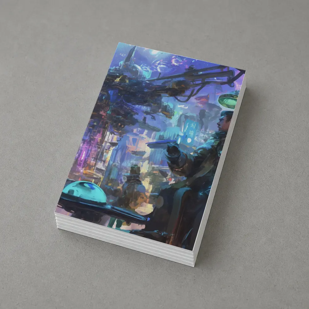 Cyberpunk City Street Market Digital Art – Postcards