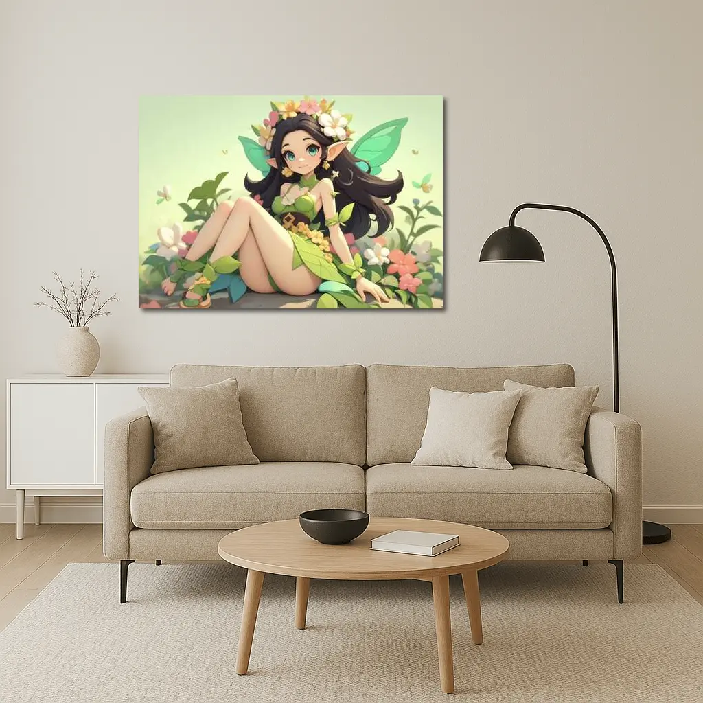 Anime Fairy Girl Sitting Among Flowers – Wall Art