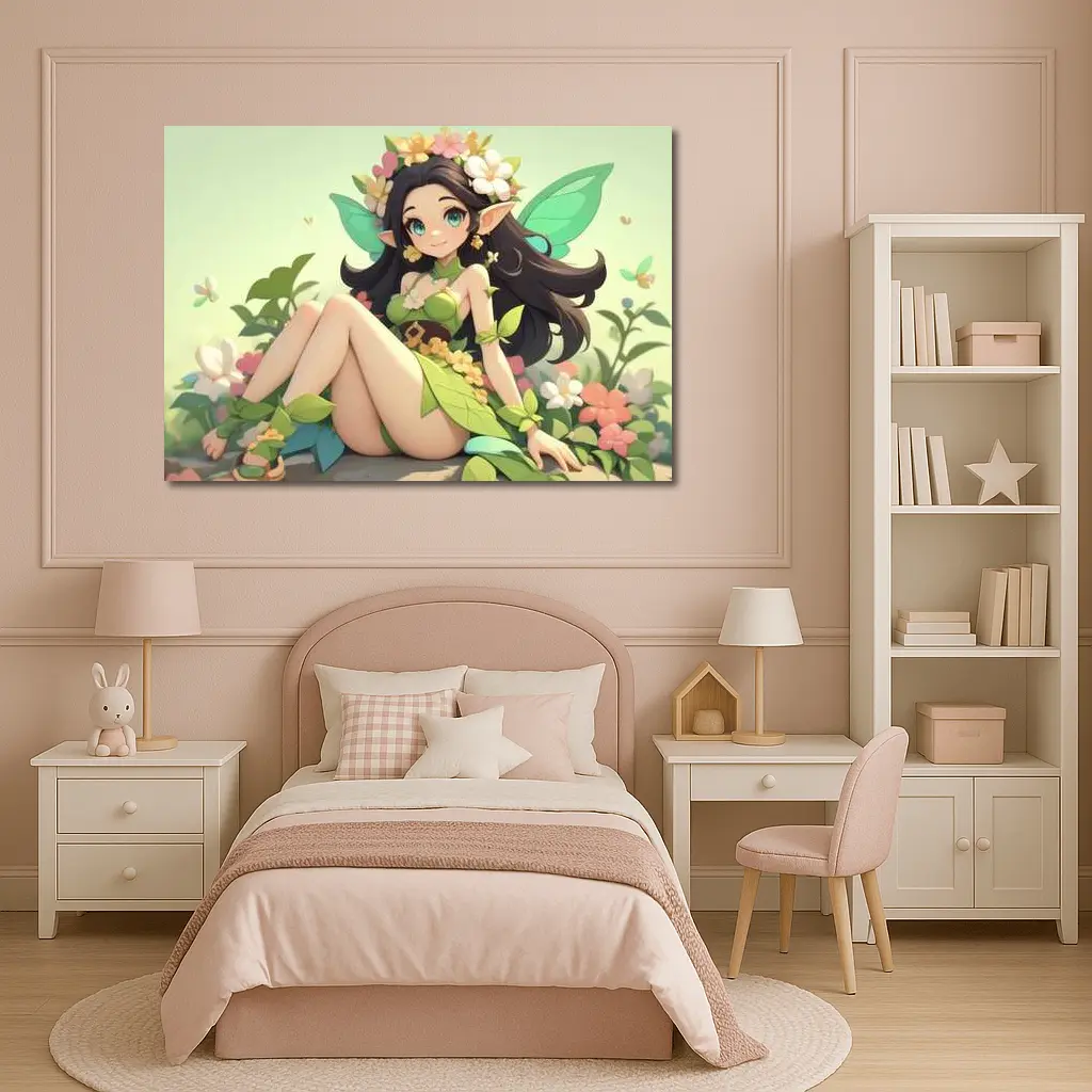 Anime Fairy Girl Sitting Among Flowers – Wall Art