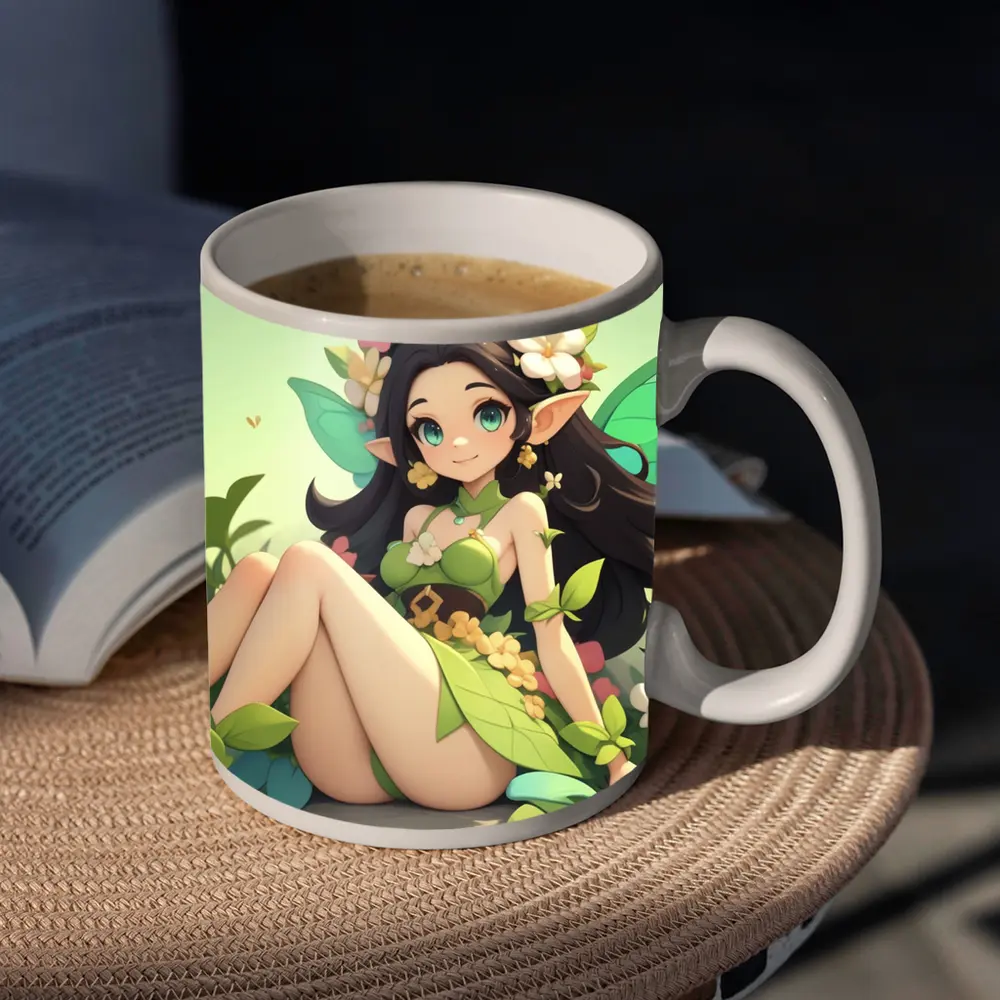 Anime Fairy Girl Sitting Among Flowers – Mugs