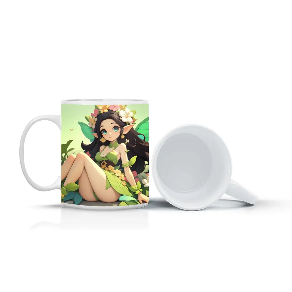Anime Fairy Girl Sitting Among Flowers – Mugs