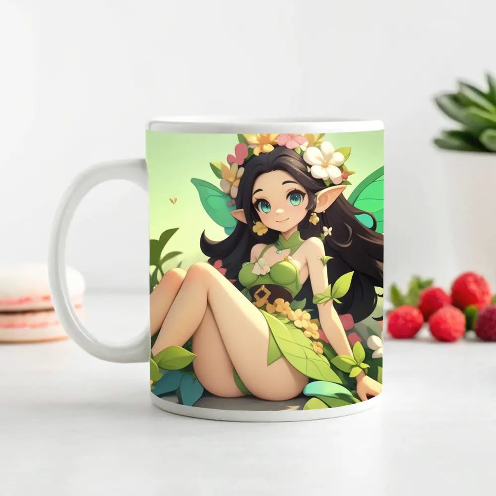 Anime Fairy Girl Sitting Among Flowers – Mugs