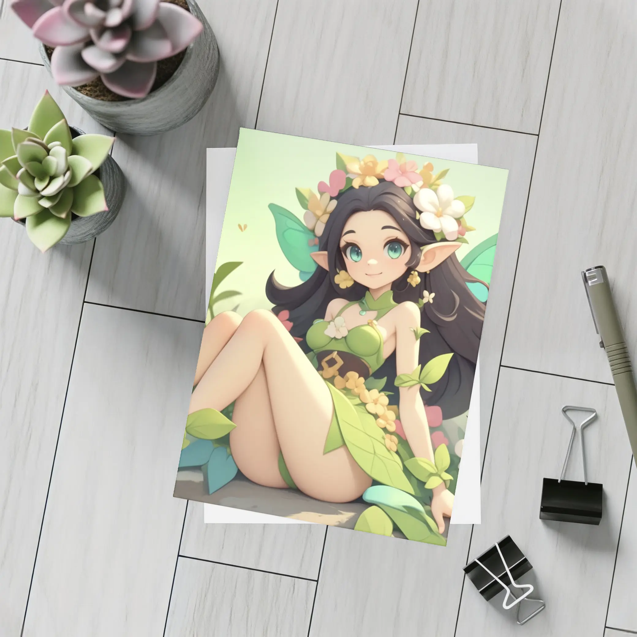 Anime Fairy Girl Sitting Among Flowers – Postcards