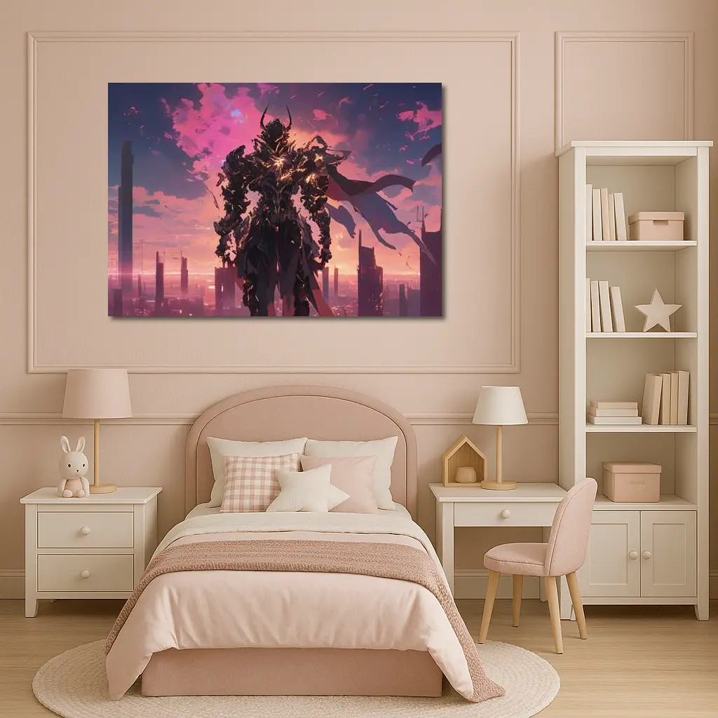 Dark Armored Warrior Anime Futuristic City Sunset – Wall Art